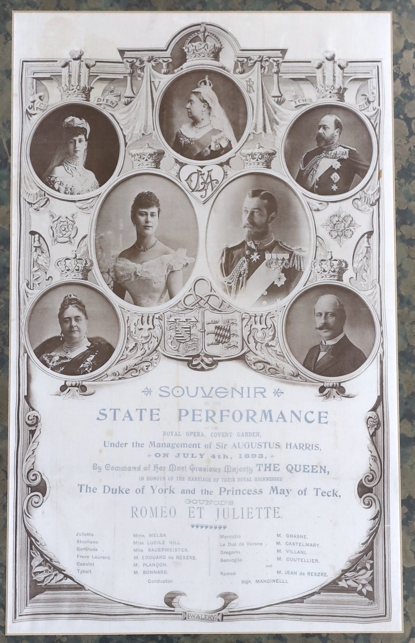 A late 19th century silk opera programme, Souvenir of the State Performance at the Royal Opera Covent Garden, July 4th 1893, Romeo and Juliet, 48.5 x 30cm